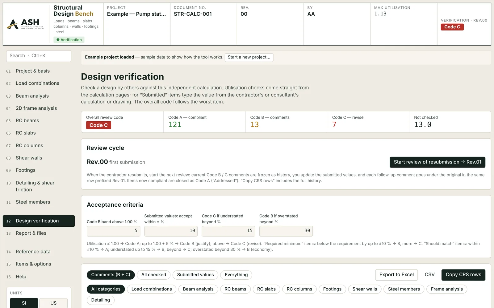 Structural Design Bench, Design verification page with the overall review code and counts of items at Code A, B and C